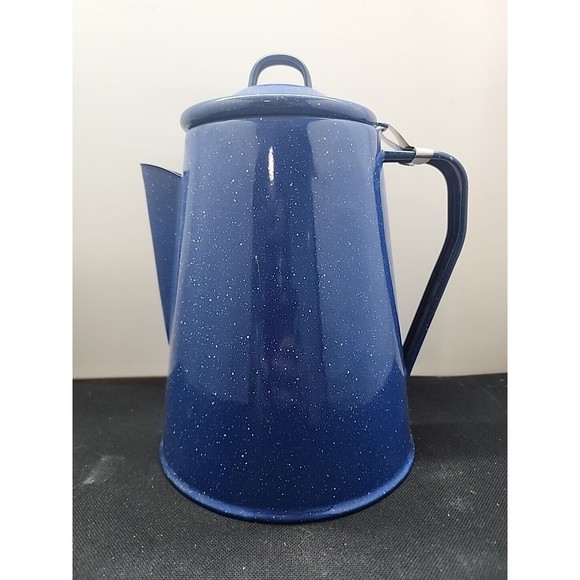 Vintage Blue/White Speckled Coffee Pot W Hinged Lid Spout Handle Camp Enamel - Picture 4 of 9